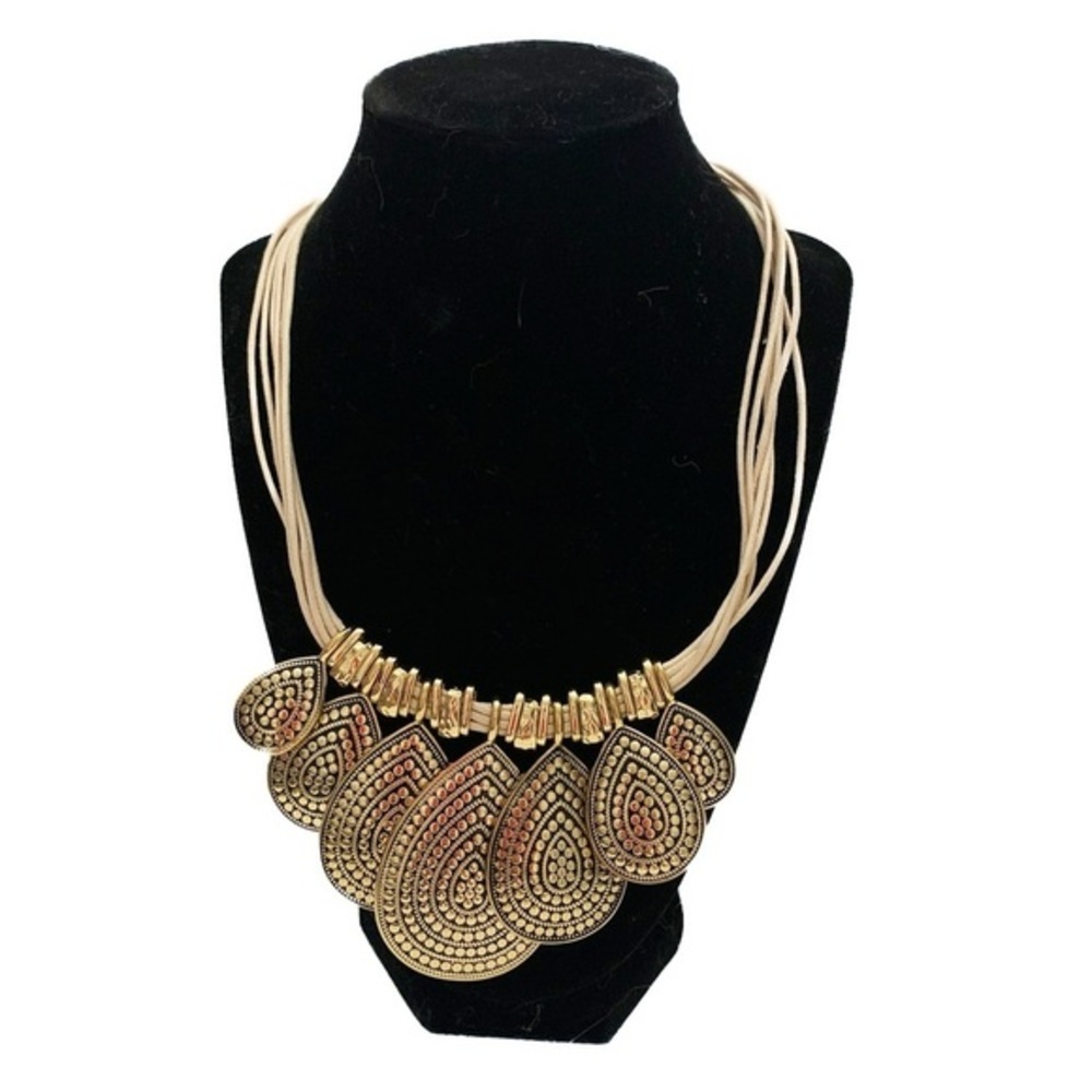 Gold Tone Statement Teardrop Disc Necklace Multi Strand Vintage Y2K Whimsigoth